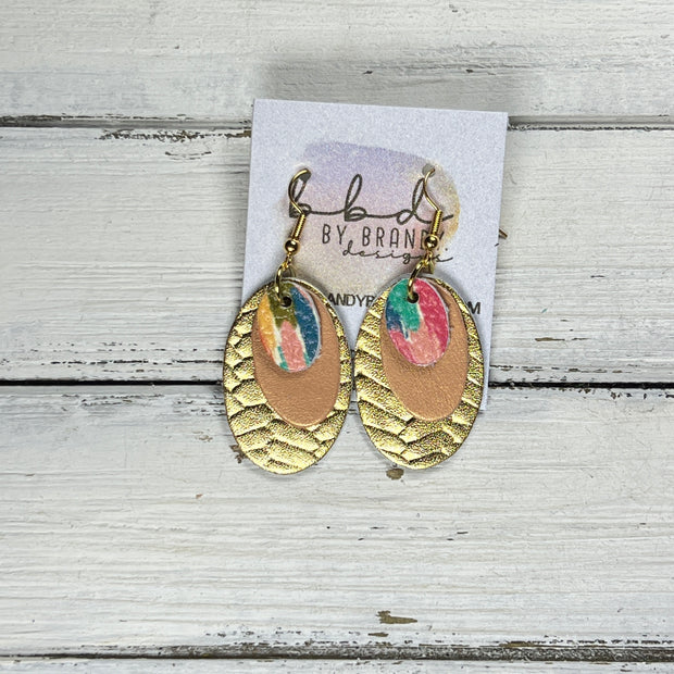 DIANE -  Leather Earrings  ||  <BR> COLORFUL CONFETTI, <BR> PEARLIZED PEACH, <BR> METALLIC GOLD BRAID