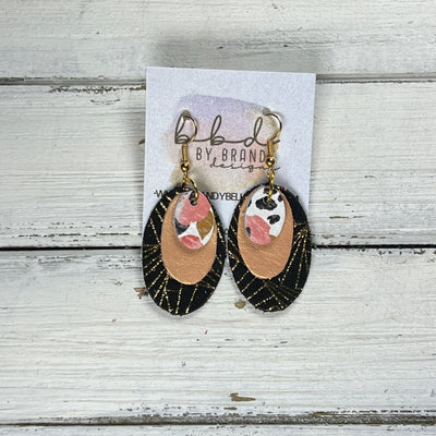 DIANE -  Leather Earrings  ||  <BR> CORAL FLORAL CHEETAH, <BR> PEARLIZED PEACH, <BR> GOLD CHINESE FANS ON BLACK