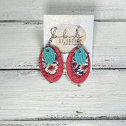 DIANE -  Leather Earrings  ||  <BR> AQUA PALMS, <BR> MULTICOLOR IKAT, <BR> SALMON BRAID