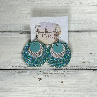 GRAY -  Leather Earrings  ||  <BR> AQUA RIVIERA, <BR> METALLIC SILVER SAFFIANO, <BR> SPARKLE GREEN