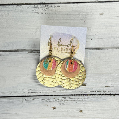 GRAY -  Leather Earrings  ||  <BR> COLORFUL CONFETTI, <BR> PEARLIZED PEACH, <BR> METALLIC GOLD BRAID