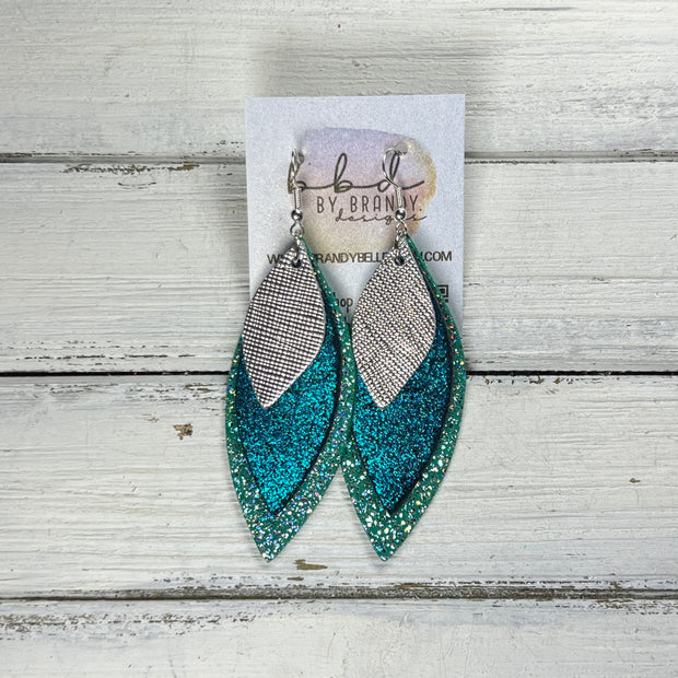 DOROTHY -  Leather Earrings  ||  <BR> METALLIC SILVER SAFFIANO, <BR> SHIMMER TEAL, <BR> SPARKLE GREEN