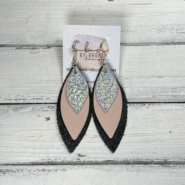DOROTHY -  Leather Earrings  ||  <BR> SPARKLE SILVER, <BR> MATTE BLUSH PINK, <BR> SHIMMER BLACK