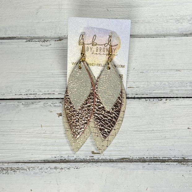 DOROTHY -  Leather Earrings  ||  <BR> SHIMMER ROSE GOLD, <BR> METALLIC ROSE GOLD PEBBLED, <BR> ROSE GOLD HATCHING