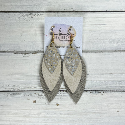 DOROTHY -  Leather Earrings  ||  <BR> IVORY STINGRAY, <BR> GLAZED NUBUCK IVORY, <BR> GRAY BRAID