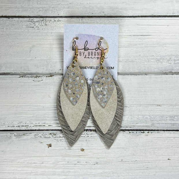 DOROTHY -  Leather Earrings  ||  <BR> IVORY STINGRAY, <BR> GLAZED NUBUCK IVORY, <BR> GRAY BRAID