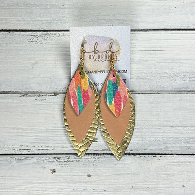 DOROTHY -  Leather Earrings  ||  <BR> COLORFUL CONFETTI, <BR> PEARLIZED PEACH, <BR> METALLIC GOLD BRAID
