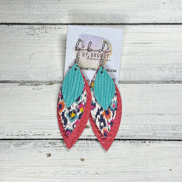 DOROTHY -  Leather Earrings  ||  <BR> AQUA PALMS, <BR> MULTICOLOR IKAT, <BR> SALMON BRAID