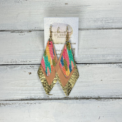 COLLEEN -  Leather Earrings  ||  <BR> COLORFUL CONFETTI, <BR> PEARLIZED PEACH, <BR> METALLIC GOLD BRAID