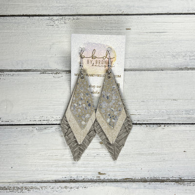COLLEEN -  Leather Earrings  ||  <BR> IVORY STINGRAY, <BR> GLAZED NUBUCK IVORY, <BR> GRAY BRAID