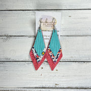 COLLEEN -  Leather Earrings  ||  <BR> AQUA PALMS, <BR> MULTICOLOR IKAT, <BR> SALMON BRAID
