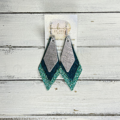COLLEEN -  Leather Earrings  ||  <BR> METALLIC SILVER SAFFIANO, <BR> SHIMMER TEAL, <BR> SPARKLE GREEN