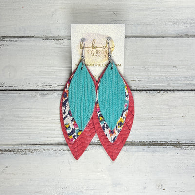 INDIA -  Leather Earrings  ||  <BR> AQUA PALMS, <BR> MULTICOLOR IKAT, <BR> SALMON BRAID