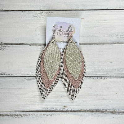 INDIA -  Leather Earrings  ||  <BR> METALLIC CHAMPAGNE COBRA, <BR> SHIMMER VINTAGE PINK, <BR> ROSE GOLD SANDS