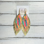 INDIA -  Leather Earrings  ||  <BR> COLORFUL CONFETTI, <BR> PEARLIZED PEACH, <BR> METALLIC GOLD BRAID