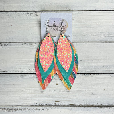 INDIA -  Leather Earrings  ||  <BR> PEACH GLITTER (FAUX LEATHER), <BR> PEARLIZED AQUA, <BR> COLORFUL CONFETTI