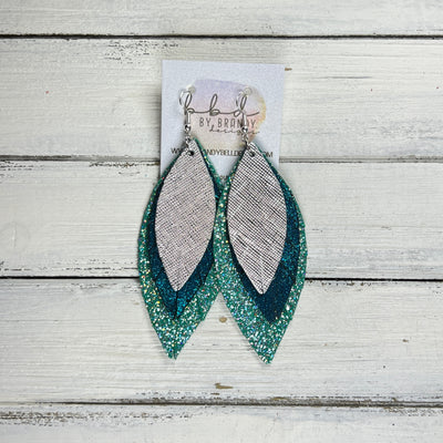 INDIA -  Leather Earrings  ||  <BR> METALLIC SILVER SAFFIANO, <BR> SHIMMER TEAL, <BR> SPARKLE GREEN