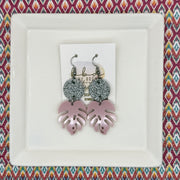 ACRYLIC PALM COLLECTION: MONSTERA PALM-  Leather Earrings  ||  <BR>  SILVER GLITTER ON CORK, <BR> BLUSH PINK MONSTERA LEAF