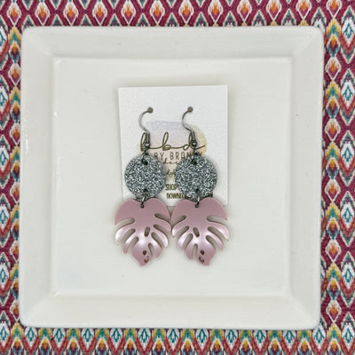ACRYLIC PALM COLLECTION: MONSTERA PALM-  Leather Earrings  ||  <BR>  SILVER GLITTER ON CORK, <BR> BLUSH PINK MONSTERA LEAF