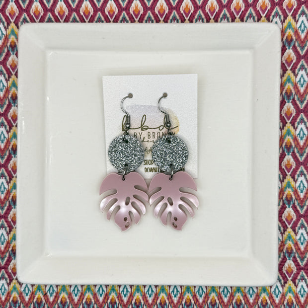 ACRYLIC PALM COLLECTION: MONSTERA PALM-  Leather Earrings  ||  <BR>  SILVER GLITTER ON CORK, <BR> BLUSH PINK MONSTERA LEAF