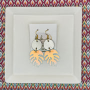 ACRYLIC PALM COLLECTION: MONSTERA PALM-  Leather Earrings  ||  <BR>  PEARL WHITE, <BR> IRIDESCENT MONSTERA LEAF
