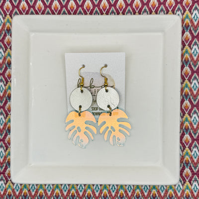 ACRYLIC PALM COLLECTION: MONSTERA PALM-  Leather Earrings  ||  <BR>  PEARL WHITE, <BR> IRIDESCENT MONSTERA LEAF