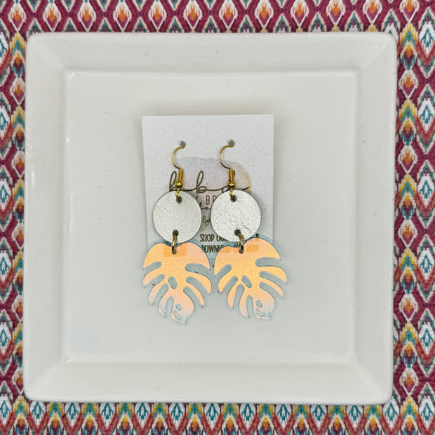 ACRYLIC PALM COLLECTION: MONSTERA PALM-  Leather Earrings  ||  <BR>  PEARL WHITE, <BR> IRIDESCENT MONSTERA LEAF