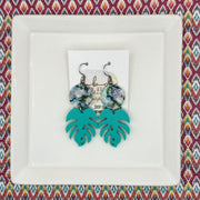 ACRYLIC PALM COLLECTION: MONSTERA PALM-  Leather Earrings  ||  <BR>  ABALONE, <BR> SEA GREEN MONSTERA LEAF