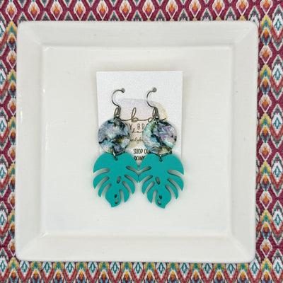 ACRYLIC PALM COLLECTION: MONSTERA PALM-  Leather Earrings  ||  <BR>  ABALONE, <BR> SEA GREEN MONSTERA LEAF