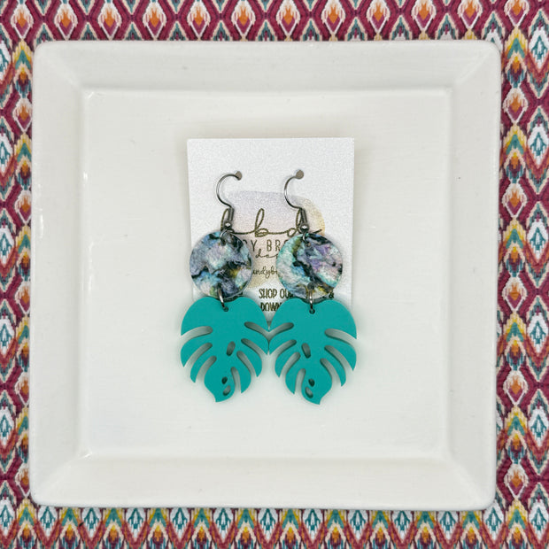 ACRYLIC PALM COLLECTION: MONSTERA PALM-  Leather Earrings  ||  <BR>  ABALONE, <BR> SEA GREEN MONSTERA LEAF