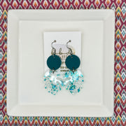 ACRYLIC PALM COLLECTION: MONSTERA PALM-  Leather Earrings  ||  <BR>  MATE DARK TEAL, <BR> CLEAR WITH AQUA FLAKES MONSTERA LEAF