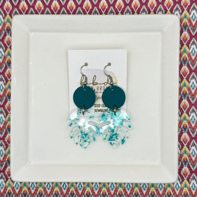 ACRYLIC PALM COLLECTION: MONSTERA PALM-  Leather Earrings  ||  <BR>  MATE DARK TEAL, <BR> CLEAR WITH AQUA FLAKES MONSTERA LEAF