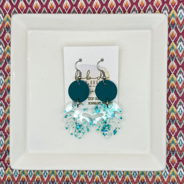 ACRYLIC PALM COLLECTION: MONSTERA PALM-  Leather Earrings  ||  <BR>  MATE DARK TEAL, <BR> CLEAR WITH AQUA FLAKES MONSTERA LEAF