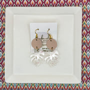 ACRYLIC PALM COLLECTION: MONSTERA PALM-  Leather Earrings  ||  <BR>  MATTE BLUSH, <BR> CLEAR WITH PINK GLITTER MONSTERA LEAF