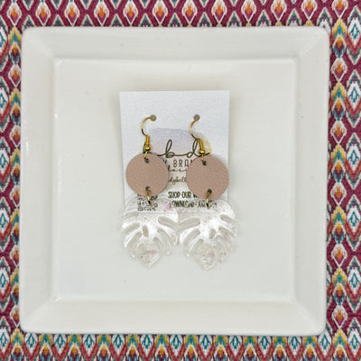 ACRYLIC PALM COLLECTION: MONSTERA PALM-  Leather Earrings  ||  <BR>  MATTE BLUSH, <BR> CLEAR WITH PINK GLITTER MONSTERA LEAF
