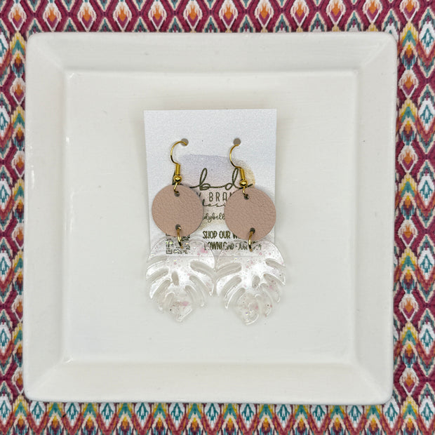 ACRYLIC PALM COLLECTION: MONSTERA PALM-  Leather Earrings  ||  <BR>  MATTE BLUSH, <BR> CLEAR WITH PINK GLITTER MONSTERA LEAF