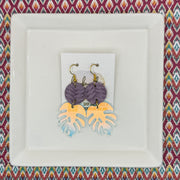 ACRYLIC PALM COLLECTION: MONSTERA PALM-  Leather Earrings  ||  <BR>  LILAC BRAID, <BR> IRIDESCENT MONSTERA LEAF