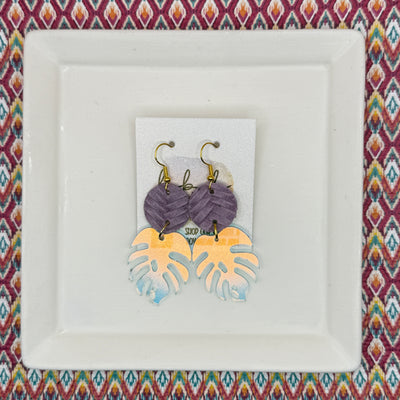 ACRYLIC PALM COLLECTION: MONSTERA PALM-  Leather Earrings  ||  <BR>  LILAC BRAID, <BR> IRIDESCENT MONSTERA LEAF