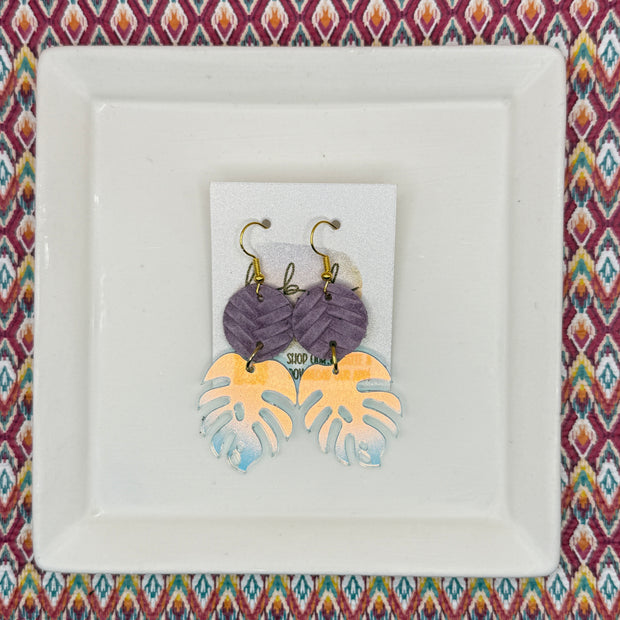ACRYLIC PALM COLLECTION: MONSTERA PALM-  Leather Earrings  ||  <BR>  LILAC BRAID, <BR> IRIDESCENT MONSTERA LEAF