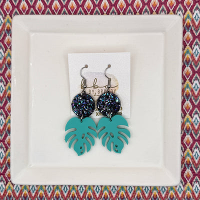 ACRYLIC PALM COLLECTION: MONSTERA PALM-  Leather Earrings  ||  <BR>  BEJEWELED GLITTER ON CORK, <BR> SEA GREEN MONSTERA LEAF