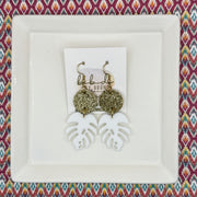 ACRYLIC PALM COLLECTION: MONSTERA PALM-  Leather Earrings  ||  <BR>  FINE GOLD GLITTER ON CORK, <BR> WHITE MONSTERA LEAF