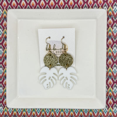 ACRYLIC PALM COLLECTION: MONSTERA PALM-  Leather Earrings  ||  <BR>  FINE GOLD GLITTER ON CORK, <BR> WHITE MONSTERA LEAF