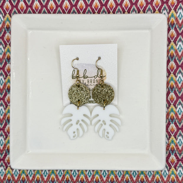 ACRYLIC PALM COLLECTION: MONSTERA PALM-  Leather Earrings  ||  <BR>  FINE GOLD GLITTER ON CORK, <BR> WHITE MONSTERA LEAF
