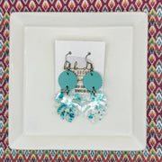 ACRYLIC PALM COLLECTION: MONSTERA PALM-  Leather Earrings  ||  <BR>  ROBINS EGG BLUE, <BR> CLEAR WITH AQUA FLAKES MONSTERA LEAF