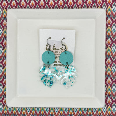 ACRYLIC PALM COLLECTION: MONSTERA PALM-  Leather Earrings  ||  <BR>  ROBINS EGG BLUE, <BR> CLEAR WITH AQUA FLAKES MONSTERA LEAF