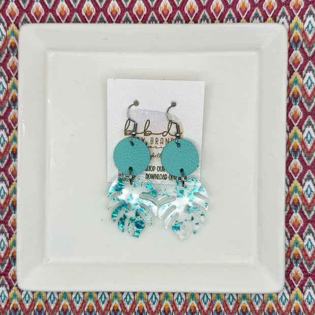 ACRYLIC PALM COLLECTION: MONSTERA PALM-  Leather Earrings  ||  <BR>  ROBINS EGG BLUE, <BR> CLEAR WITH AQUA FLAKES MONSTERA LEAF