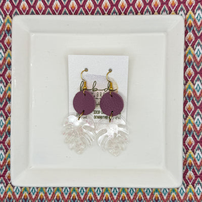 ACRYLIC PALM COLLECTION: MONSTERA PALM-  Leather Earrings  ||  <BR>  MATTE MAUVE, <BR> CLEAR WITH PINK GLITTER MONSTERA LEAF