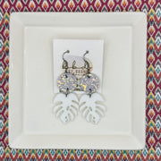 ACRYLIC PALM COLLECTION: MONSTERA PALM-  Leather Earrings  ||  <BR>  IRIDESCENT GLITTER ON CORK, <BR> WHITE MONSTERA LEAF
