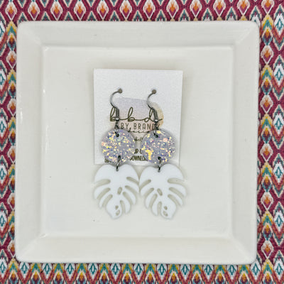 ACRYLIC PALM COLLECTION: MONSTERA PALM-  Leather Earrings  ||  <BR>  IRIDESCENT GLITTER ON CORK, <BR> WHITE MONSTERA LEAF
