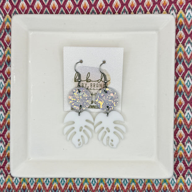 ACRYLIC PALM COLLECTION: MONSTERA PALM-  Leather Earrings  ||  <BR>  IRIDESCENT GLITTER ON CORK, <BR> WHITE MONSTERA LEAF